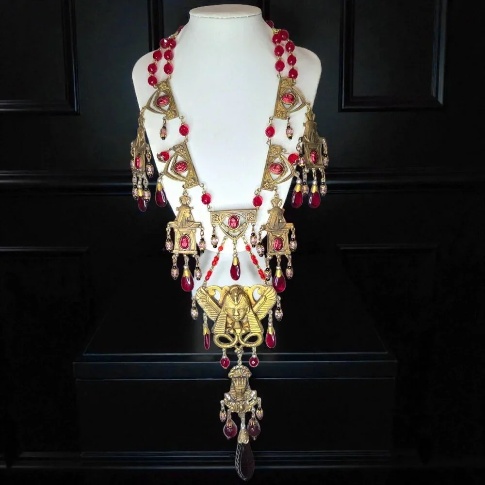 EGYPTIAN REVIVAL Massive Vintage Czech Ruby Glass Statement Necklace